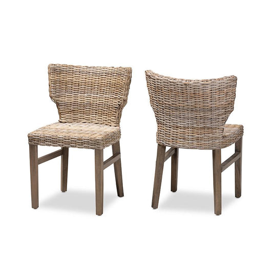 Baxton Studio Enver Modern Bohemian Grey Rattan and Brown Wood 2-Piece Dining Chair Set | Dining Chairs | Modishstore