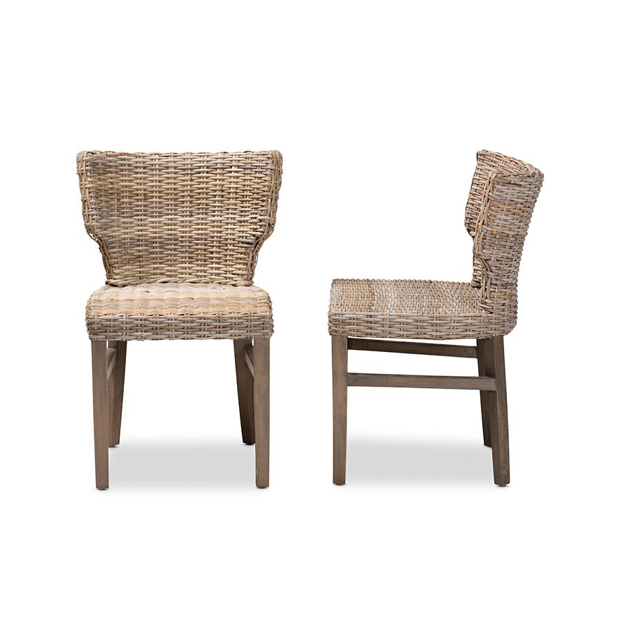 Baxton Studio Enver Modern Bohemian Grey Rattan and Brown Wood 2-Piece Dining Chair Set | Dining Chairs | Modishstore - 3