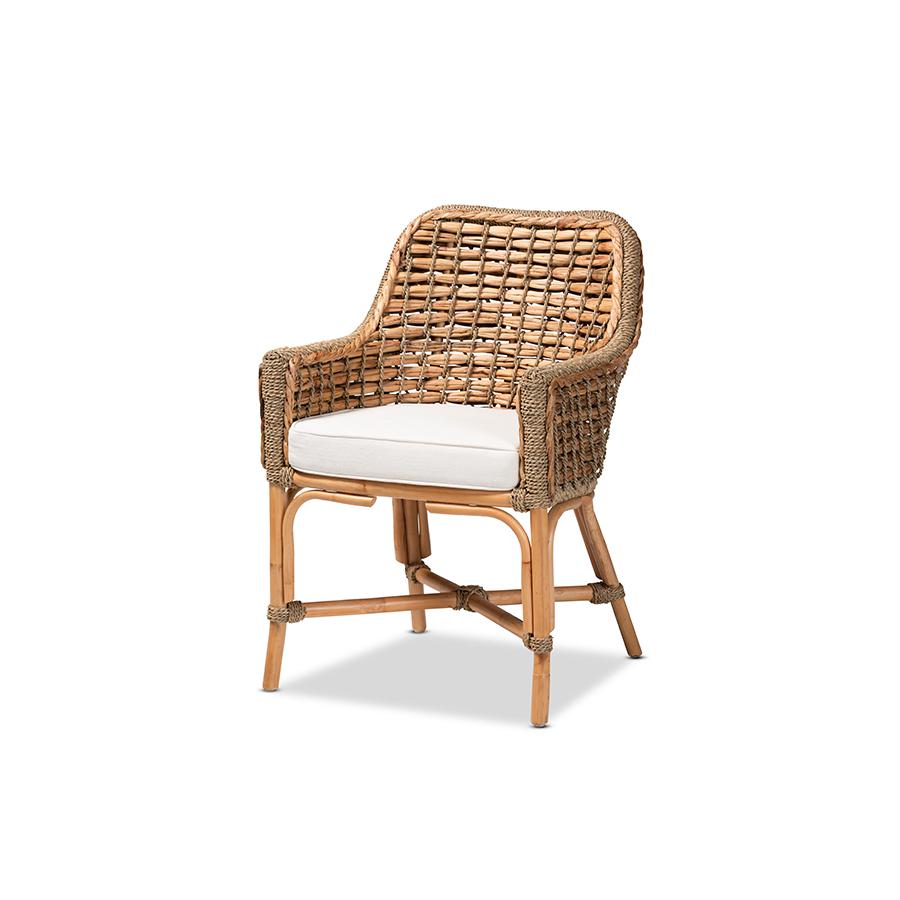 Baxton Studio Kyle Modern Bohemian Natural Brown Woven Rattan Dining Arm Chair with Cushion | Dining Chairs | Modishstore