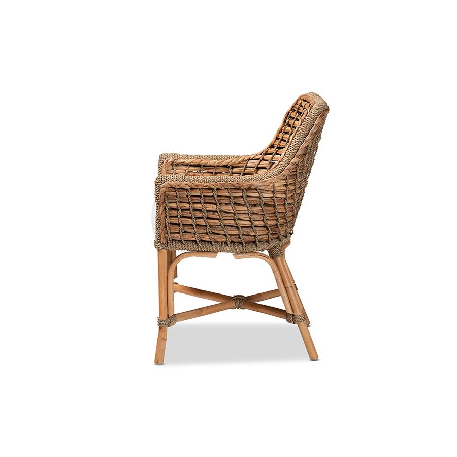 Baxton Studio Kyle Modern Bohemian Natural Brown Woven Rattan Dining Arm Chair with Cushion | Dining Chairs | Modishstore - 3