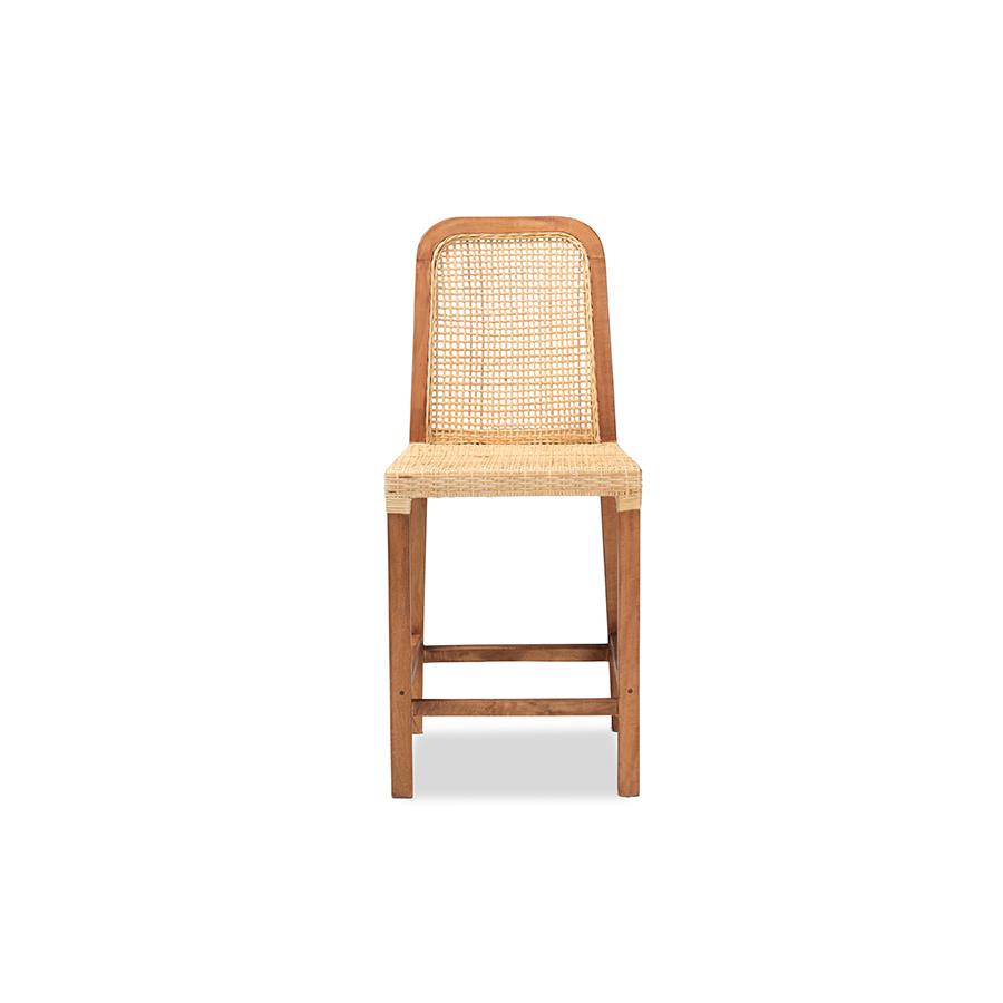 Baxton Studio Caspia Mid-Century Modern Walnut Brown Finished Wood and Natural Rattan Counter Stool | Counter Stools | Modishstore - 2