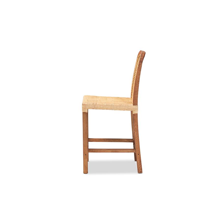 Baxton Studio Caspia Mid-Century Modern Walnut Brown Finished Wood and Natural Rattan Counter Stool | Counter Stools | Modishstore - 3