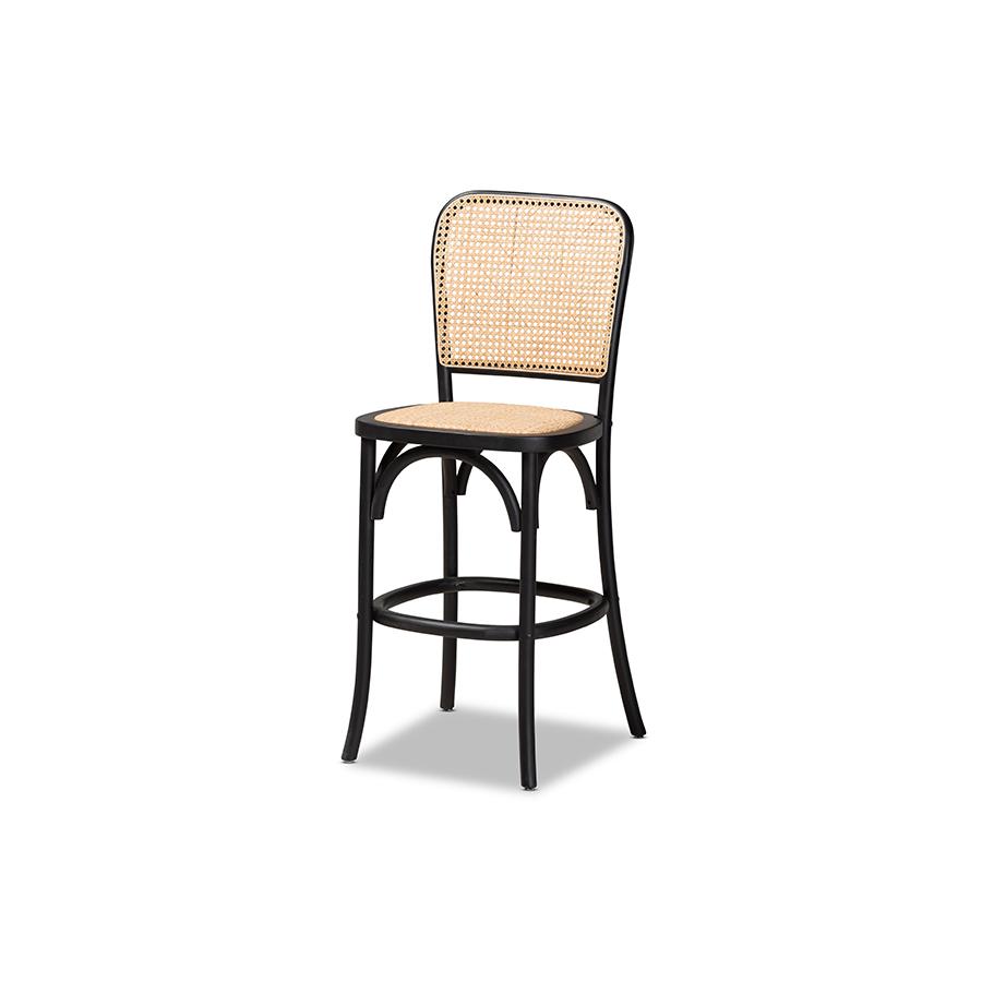 Baxton Studio Vance Mid-Century Modern Brown Woven Rattan and Black Wood Cane Counter Stool | Counter Stools | Modishstore - 2