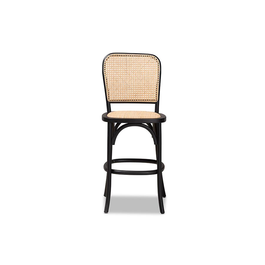 Baxton Studio Vance Mid-Century Modern Brown Woven Rattan and Black Wood Cane Counter Stool | Counter Stools | Modishstore - 3