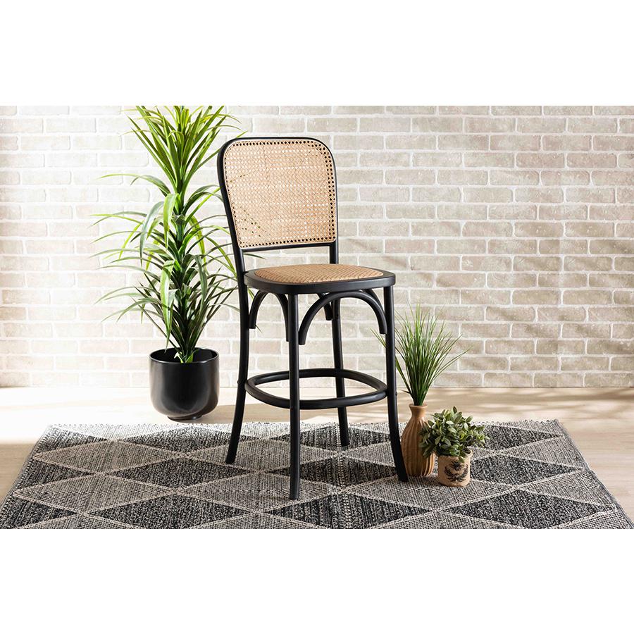 Baxton Studio Vance Mid-Century Modern Brown Woven Rattan and Black Wood Cane Counter Stool | Counter Stools | Modishstore