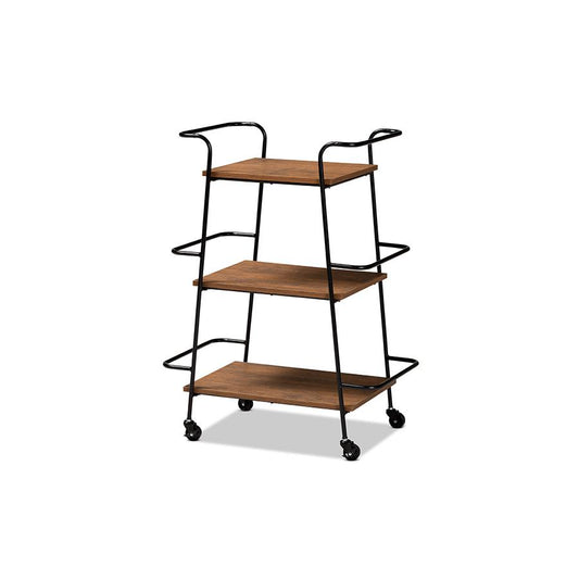 Baxton Studio Bernard Rustic Industrial Black Metal and Walnut Finished Wood 3-Tier Small Mobile Wine Bar Cart | Bar Carts | Modishstore