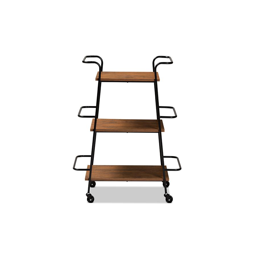 Baxton Studio Bernard Rustic Industrial Black Metal and Walnut Finished Wood 3-Tier Small Mobile Wine Bar Cart | Bar Carts | Modishstore - 2