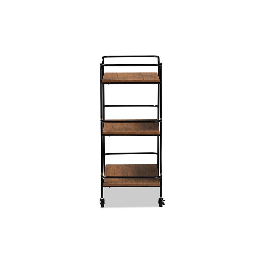 Baxton Studio Bernard Rustic Industrial Black Metal and Walnut Finished Wood 3-Tier Small Mobile Wine Bar Cart | Bar Carts | Modishstore - 3