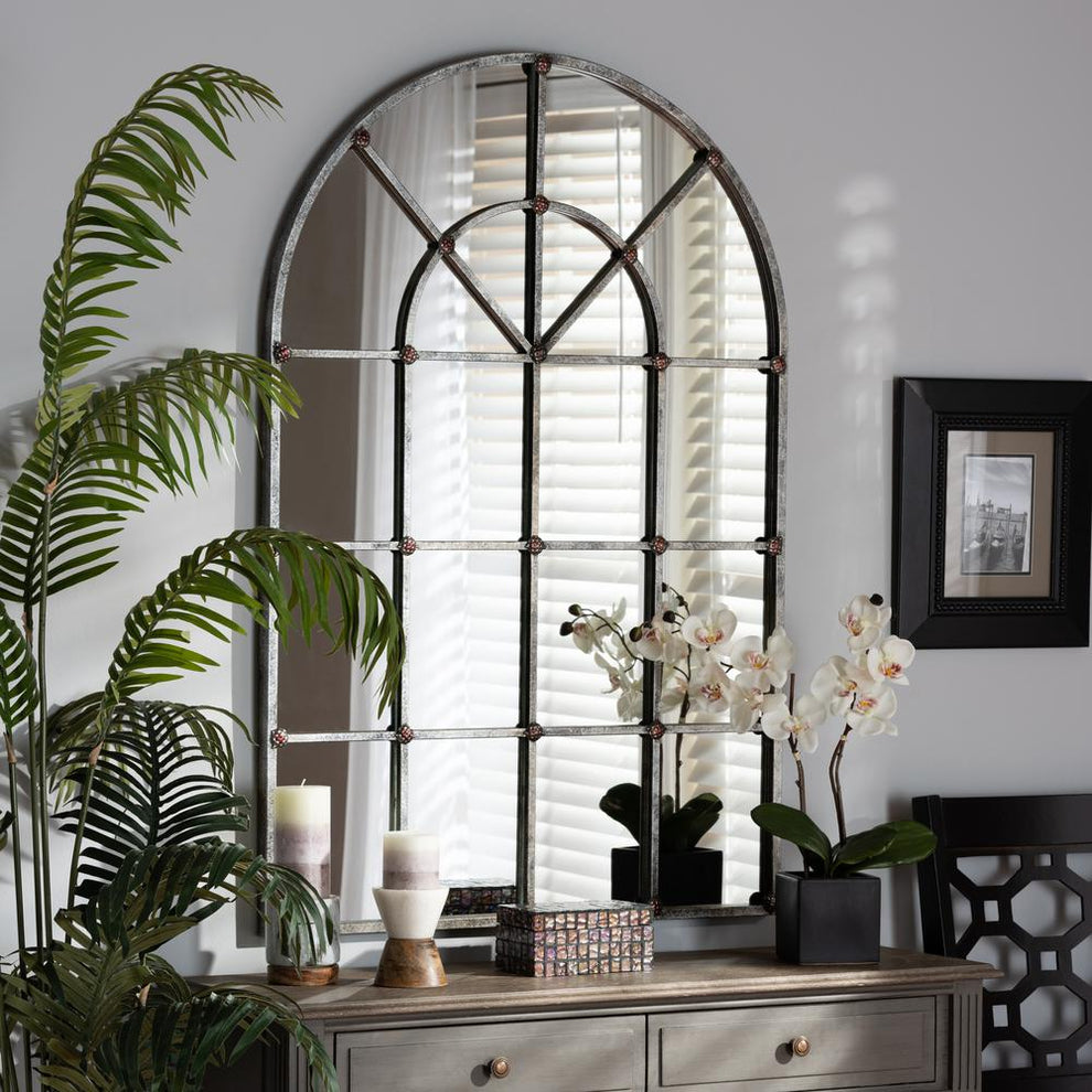 Baxton Studio Newman Vintage Farmhouse Antique Silver Finished Arched Window Accent Wall Mirror | Mirrors | Modishstore - 3