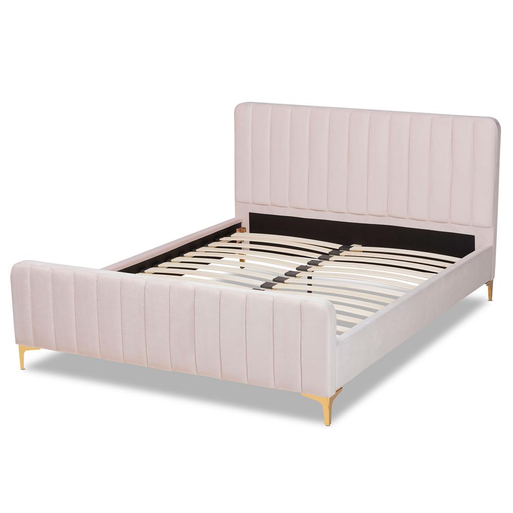 Baxton Studio Nami Modern Contemporary Glam and Luxe Light Pink Velvet Fabric Upholstered and Gold Finished Queen Size Platform Bed | Beds | Modishstore - 3