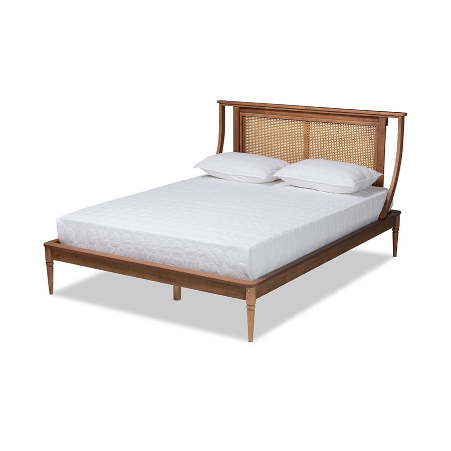Baxton Studio Jamila Modern Transitional Walnut Brown Finished Wood and Synthetic Rattan Queen Size Platform Bed | Beds | Modishstore - 2