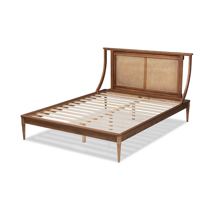 Baxton Studio Jamila Modern Transitional Walnut Brown Finished Wood and Synthetic Rattan Queen Size Platform Bed | Beds | Modishstore - 4