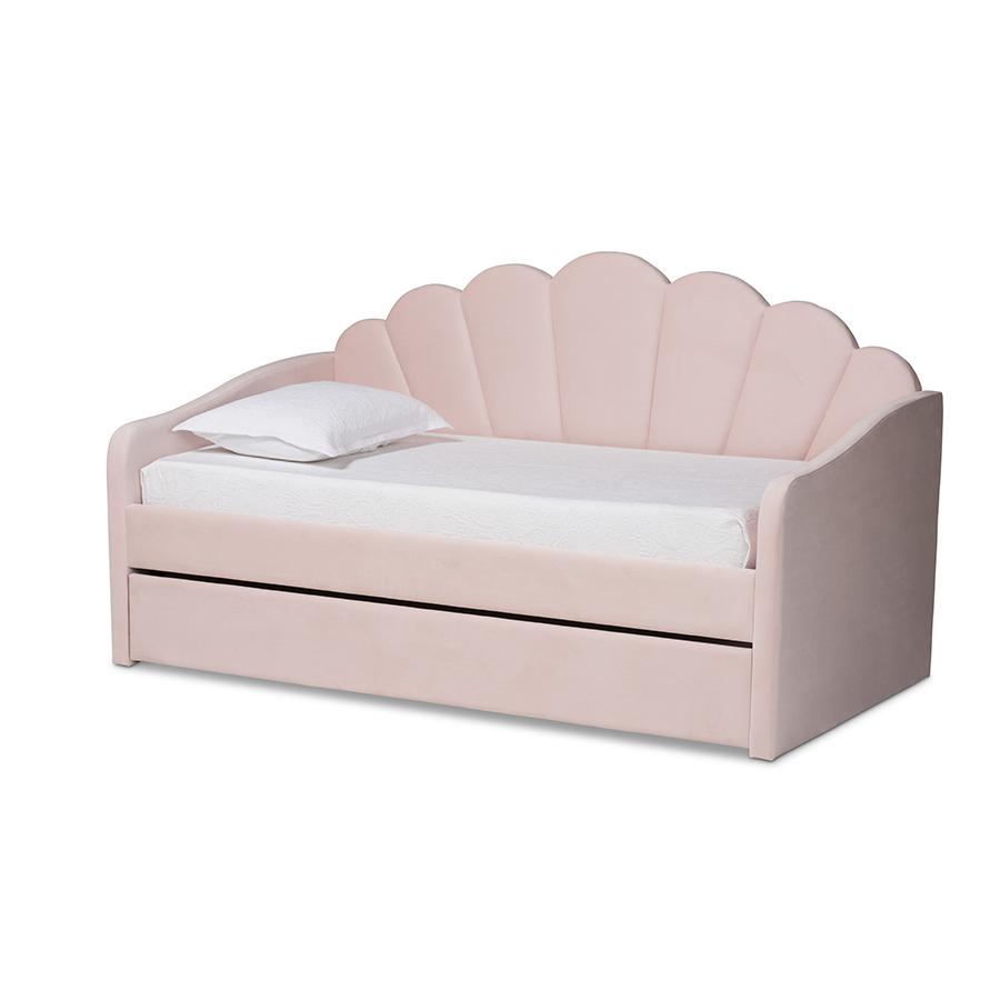 Baxton Studio Timila Modern and Contemporary Light Pink Velvet Fabric Upholstered Twin Size Daybed with Trundle | Daybeds | Modishstore