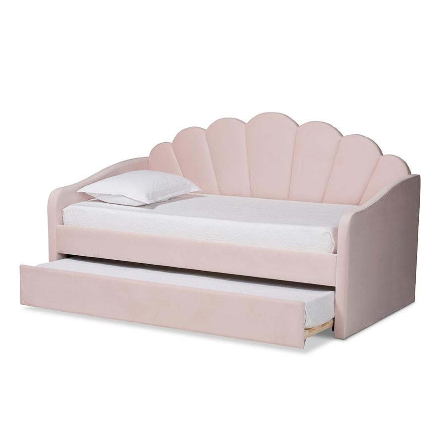Baxton Studio Timila Modern and Contemporary Light Pink Velvet Fabric Upholstered Twin Size Daybed with Trundle | Daybeds | Modishstore - 2