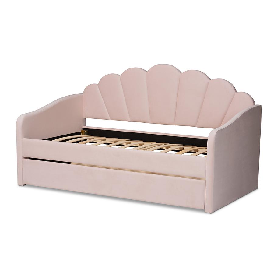 Baxton Studio Timila Modern and Contemporary Light Pink Velvet Fabric Upholstered Twin Size Daybed with Trundle | Daybeds | Modishstore - 4
