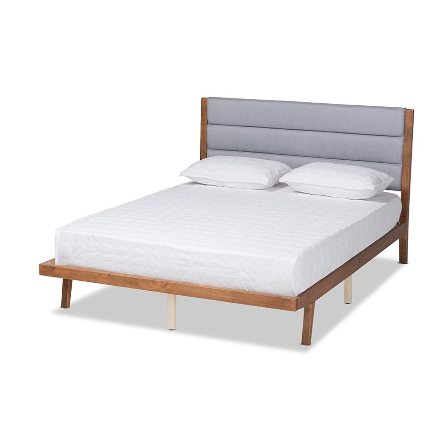 Baxton Studio Jarlan Modern and Contemporary Transitional Grey Fabric Upholstered and Walnut Brown Finished Wood Queen Size Platform Bed | Beds | Modishstore
