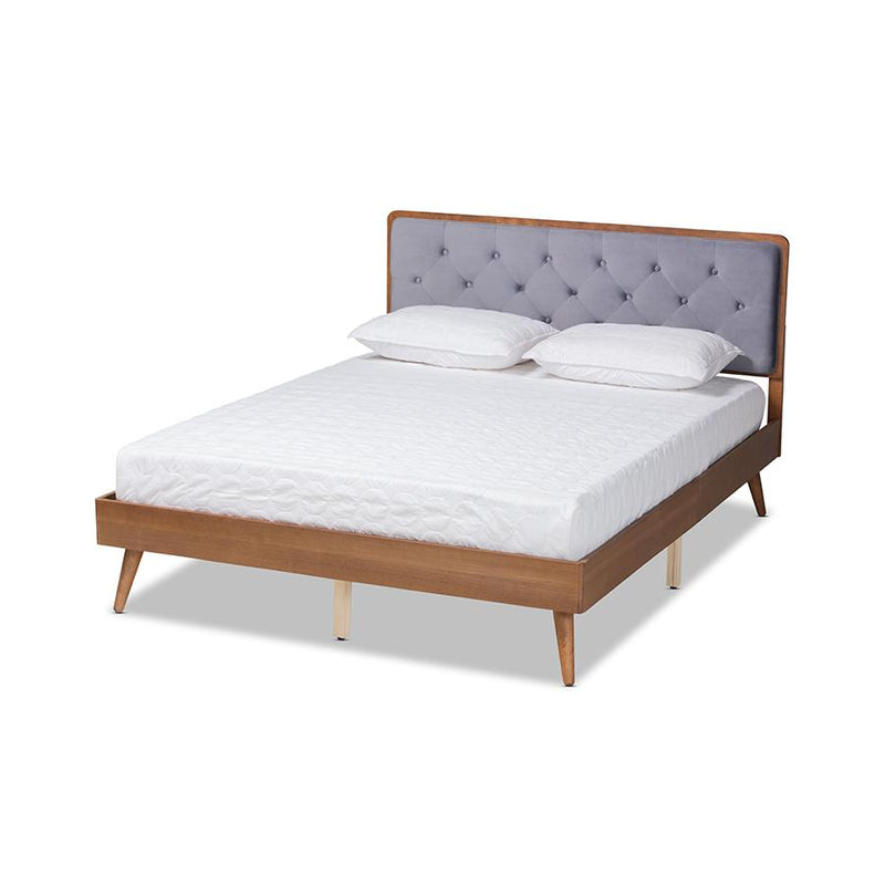 Baxton Studio Larue Modern and Contemporary Grey Velvet Fabric Upholstered and Walnut Brown Finished Wood Queen Size Platform Bed | Beds | Modishstore
