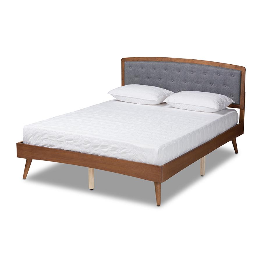 Baxton Studio Ratana Mid-Century Modern Transitional Grey Fabric Upholstered and Walnut Brown Finished Wood Queen Size Platform Bed | Beds | Modishstore