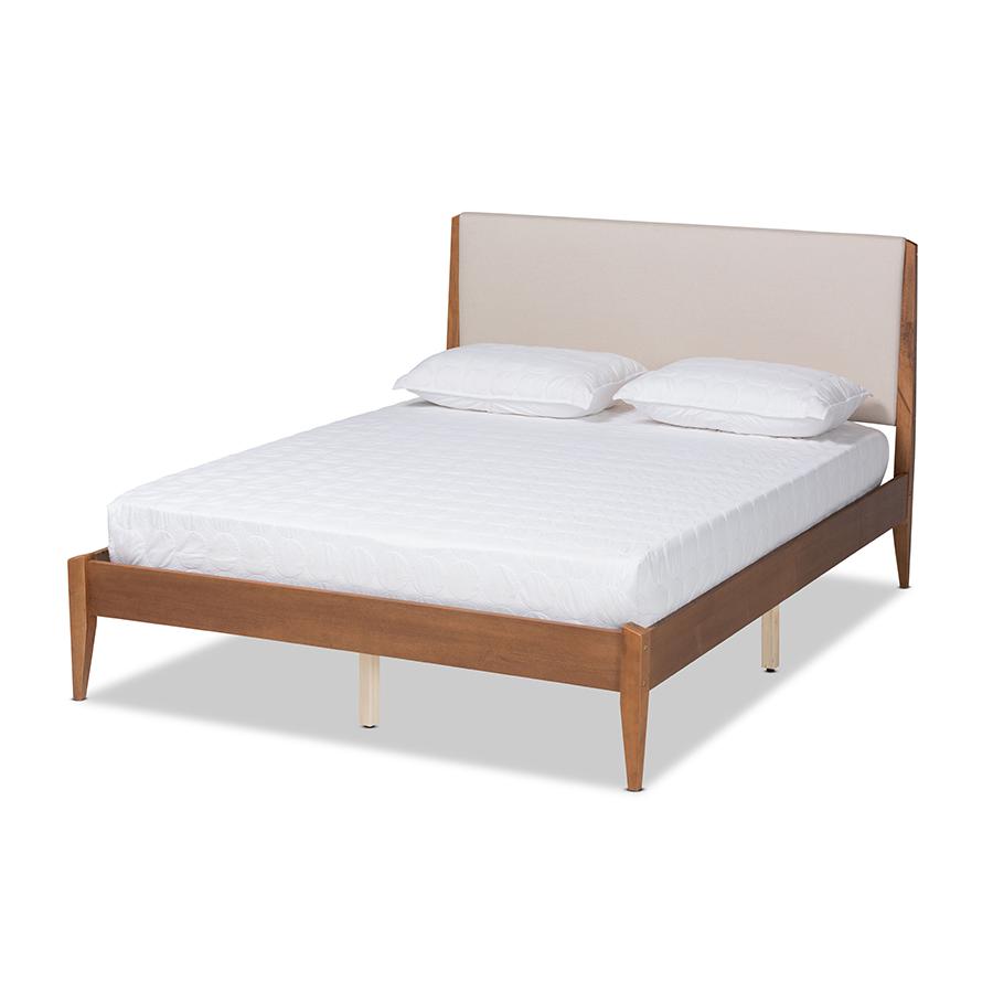 Baxton Studio Lenora Mid-Century Modern Beige Fabric Upholstered and Walnut Brown Finished Wood Queen Size Platform Bed | Beds | Modishstore