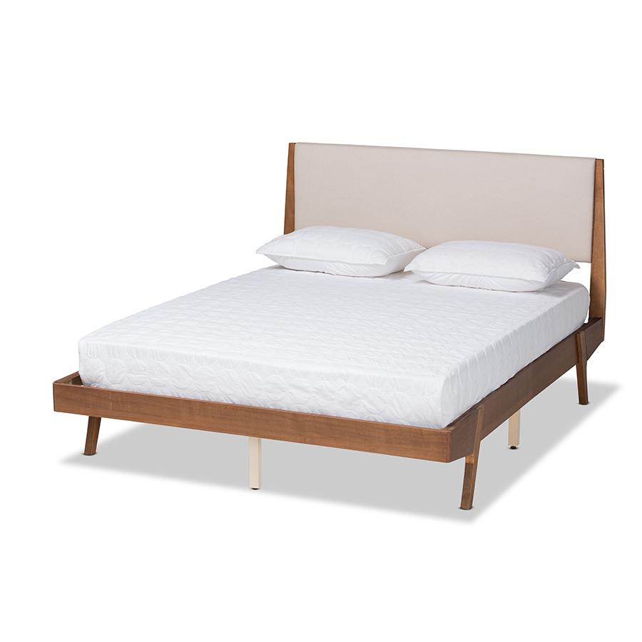 Baxton Studio Senna Mid-Century Modern Beige Fabric Upholstered and Walnut Brown Finished Wood Queen Size Platform Bed | Beds | Modishstore