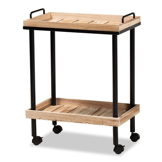 Baxton Studio Olinda Modern and Contemporary Oak Brown Finished Wood and Black Metal Kitchen Cart | Bar Carts | Modishstore