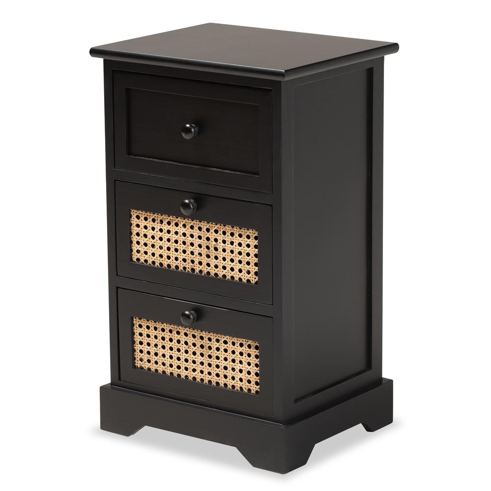 Baxton Studio Dacey Mid-Century Modern Transitional Espresso Brown Finished Wood and Rattan 3-Drawer Storage Cabinet | Cabinets | Modishstore