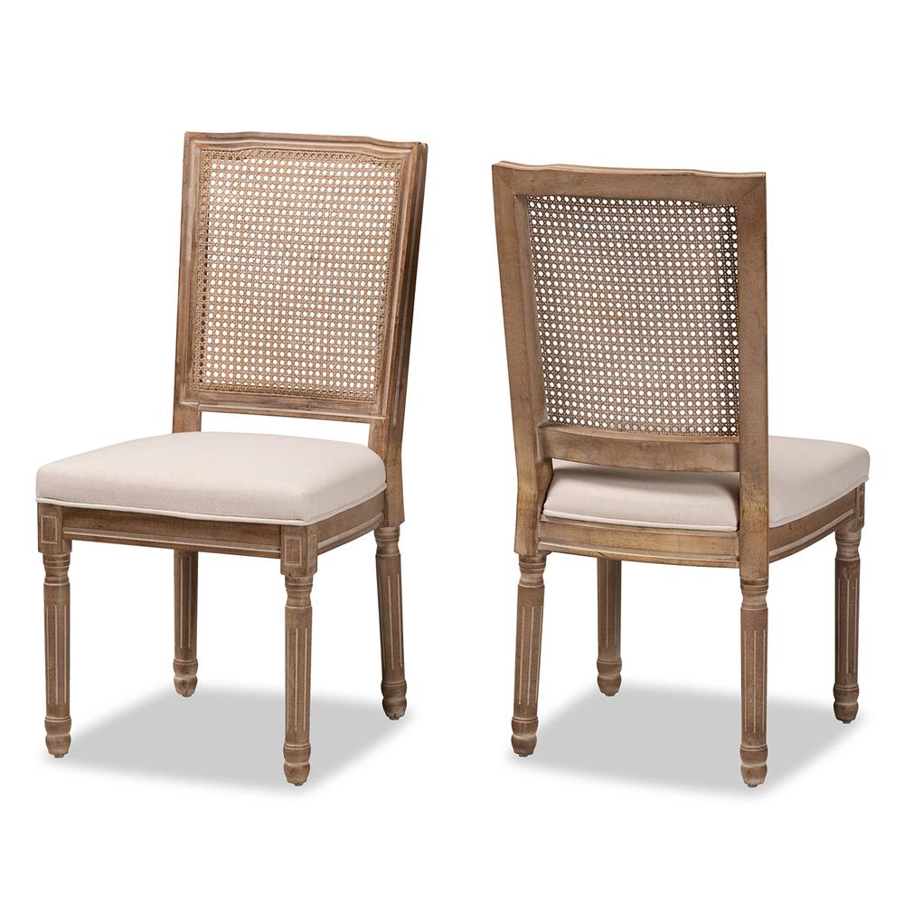 Baxton Studio Louane Traditional French Inspired Beige Fabric Upholstered and Antique Brown Finished Wood 2-Piece Dining Chair Set with Rattan | Dining Chairs | Modishstore