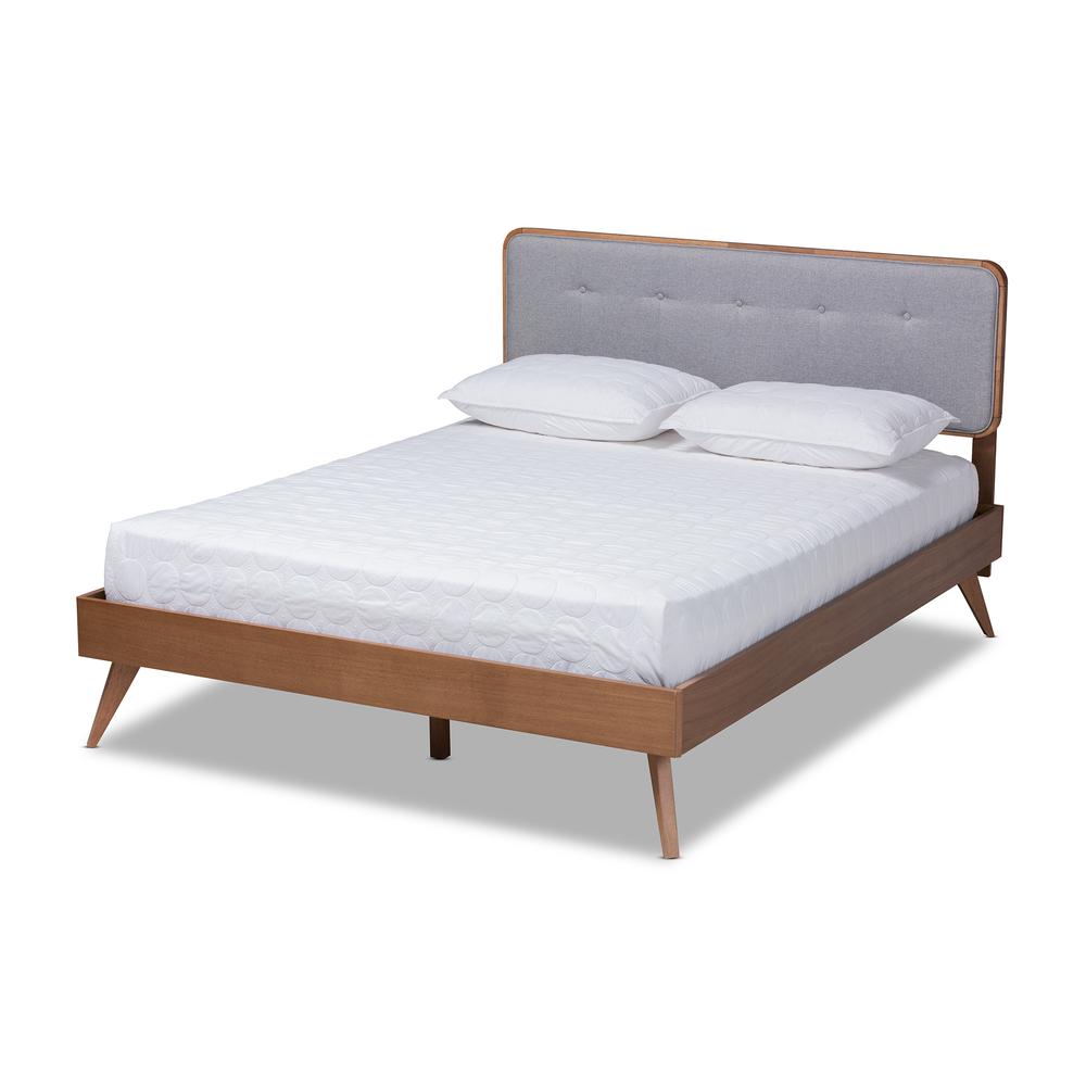 Baxton Studio Dilara Mid-Century Modern Light Grey Fabric Upholstered Walnut Brown Finished Wood Queen Size Platform Bed | Beds | Modishstore