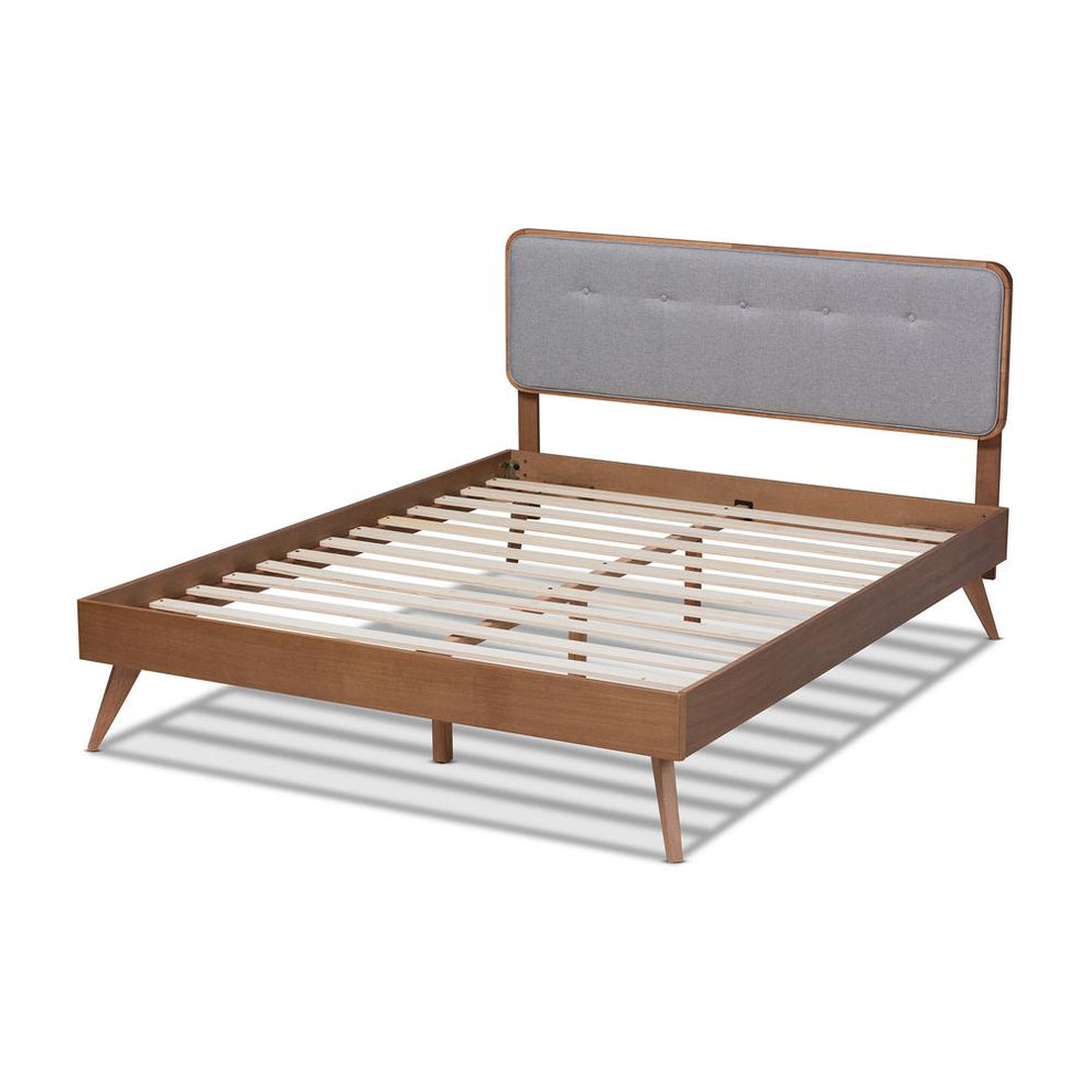 Baxton Studio Dilara Mid-Century Modern Light Grey Fabric Upholstered Walnut Brown Finished Wood Queen Size Platform Bed | Beds | Modishstore - 3