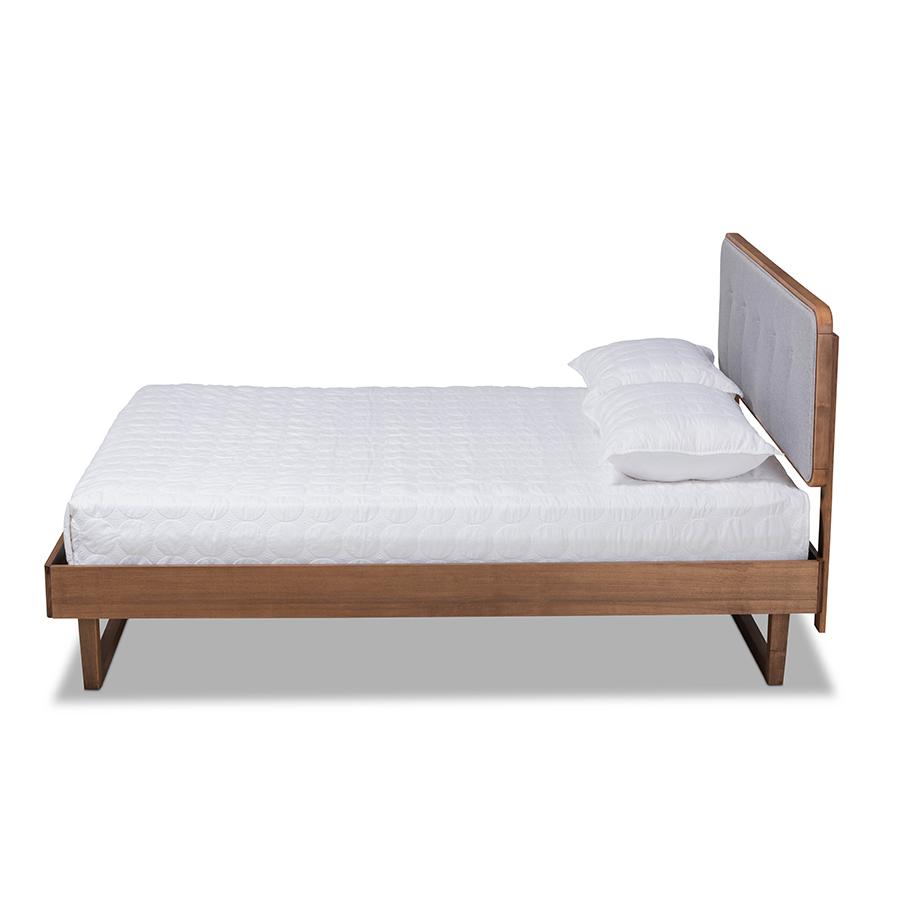 Baxton Studio Natalia Mid-Century Modern Light Grey Fabric Upholstered and Ash Walnut Finished Wood Queen Size Platform Bed | Beds | Modishstore - 2