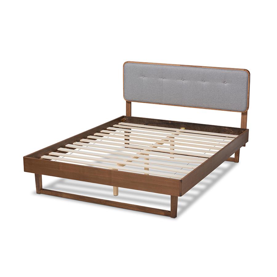 Baxton Studio Natalia Mid-Century Modern Light Grey Fabric Upholstered and Ash Walnut Finished Wood Queen Size Platform Bed | Beds | Modishstore - 3