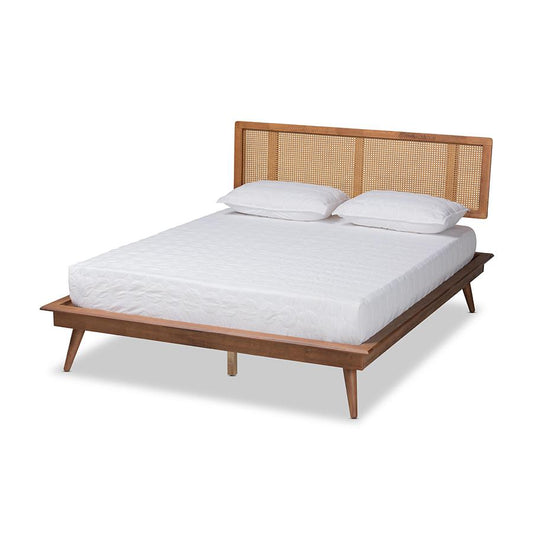 Baxton Studio Nura Mid-Century Modern Walnut Brown Finished Wood and Synthetic Rattan Queen Size Platform Bed | Beds | Modishstore