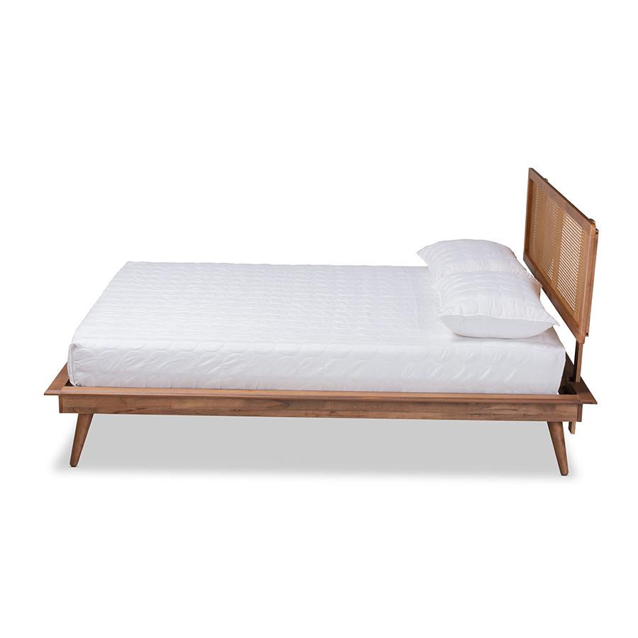 Baxton Studio Nura Mid-Century Modern Walnut Brown Finished Wood and Synthetic Rattan Queen Size Platform Bed | Beds | Modishstore - 2