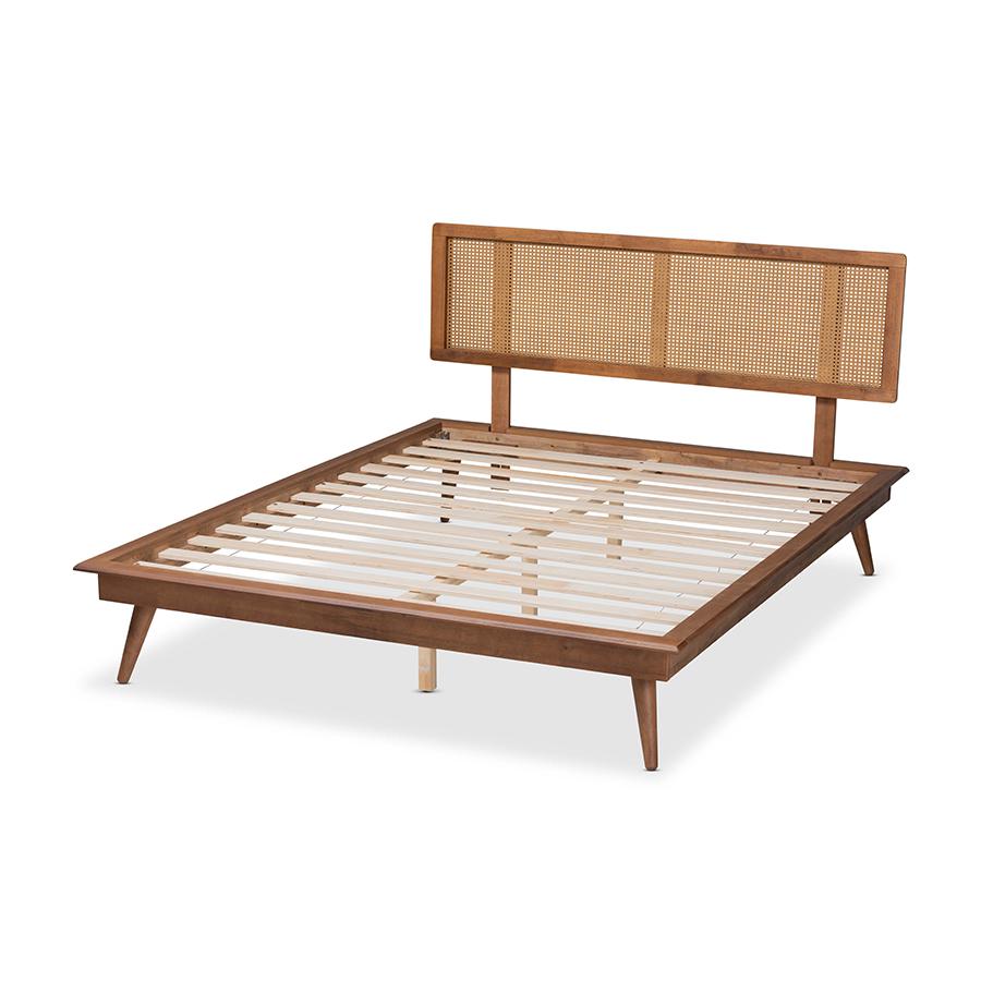Baxton Studio Nura Mid-Century Modern Walnut Brown Finished Wood and Synthetic Rattan Queen Size Platform Bed | Beds | Modishstore - 3