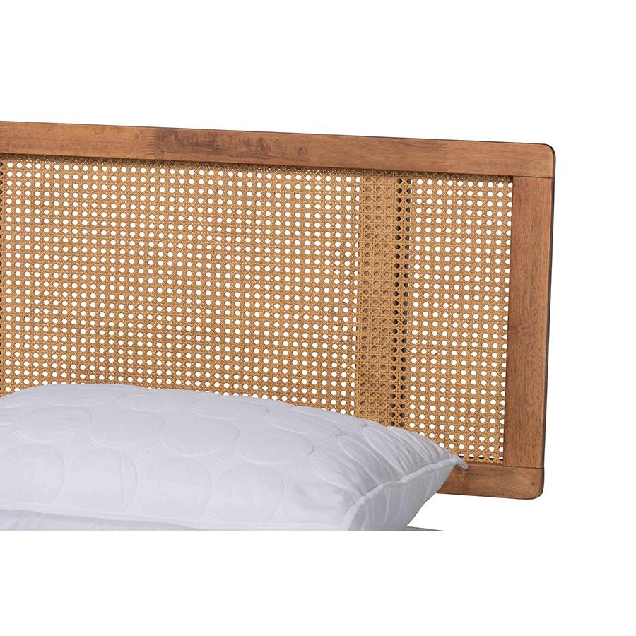 Baxton Studio Nura Mid-Century Modern Walnut Brown Finished Wood and Synthetic Rattan Queen Size Platform Bed | Beds | Modishstore - 4