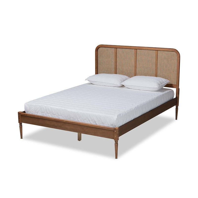 Baxton Studio Elston Mid-Century Modern Walnut Brown Finished Wood and Synthetic Rattan Queen Size Platform Bed | Beds | Modishstore
