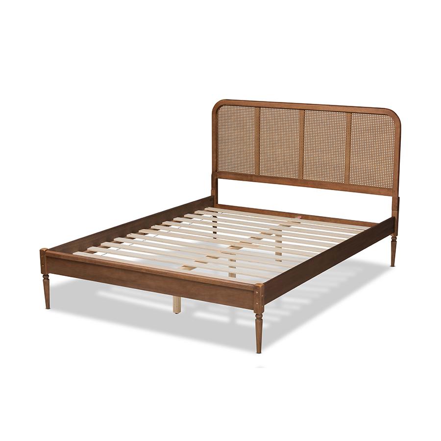 Baxton Studio Elston Mid-Century Modern Walnut Brown Finished Wood and Synthetic Rattan Queen Size Platform Bed | Beds | Modishstore - 3