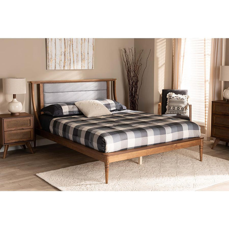 Baxton Studio Regis Modern and Contemporary Transitional Light Grey Fabric Upholstered and Walnut Brown Finished Wood Queen Size Platform Bed | Beds | Modishstore