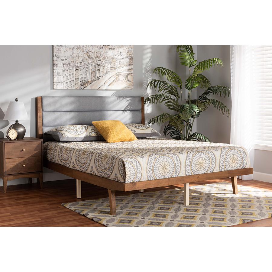 Baxton Studio Jarlan Modern and Contemporary Transitional Grey Fabric Upholstered and Walnut Brown Finished Wood Queen Size Platform Bed | Beds | Modishstore - 2