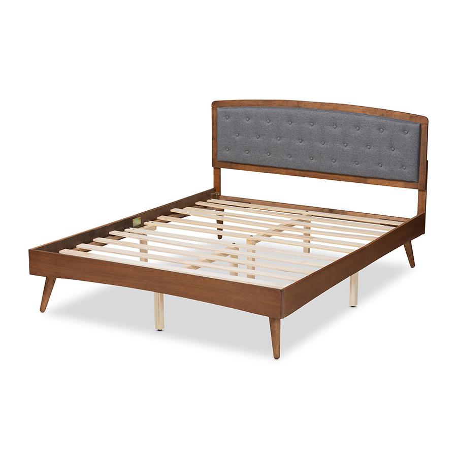 Baxton Studio Ratana Mid-Century Modern Transitional Grey Fabric Upholstered and Walnut Brown Finished Wood King Size Platform Bed | Beds | Modishstore - 3