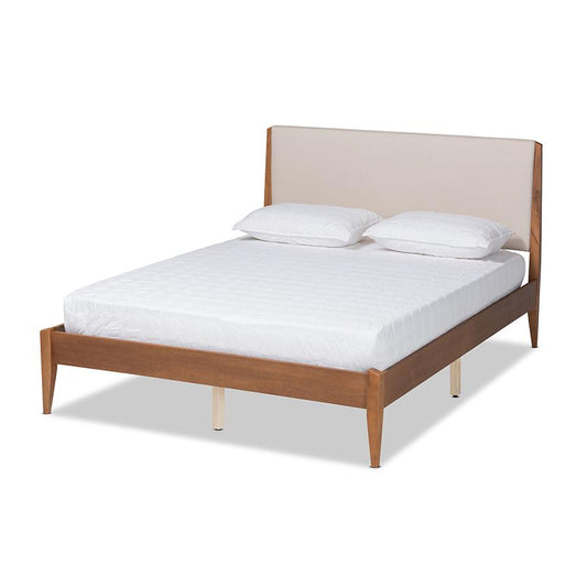 Baxton Studio Lenora Mid-Century Modern Beige Fabric Upholstered and Walnut Brown Finished Wood King Size Platform Bed | Beds | Modishstore