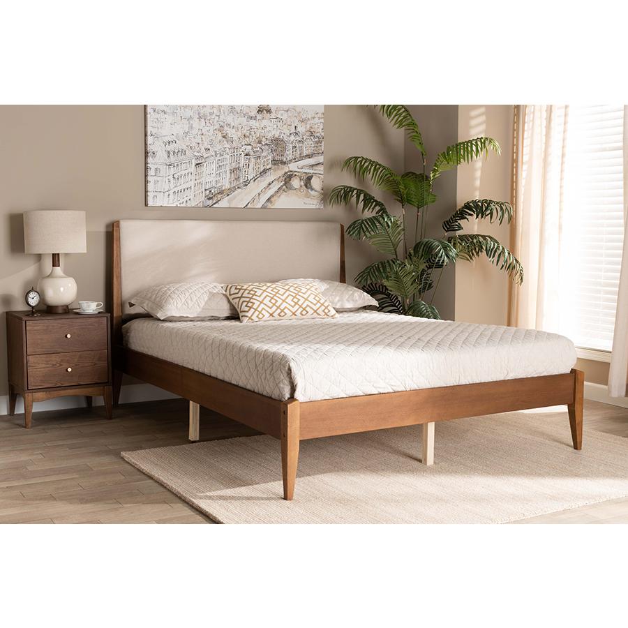Baxton Studio Lenora Mid-Century Modern Beige Fabric Upholstered and Walnut Brown Finished Wood Queen Size Platform Bed | Beds | Modishstore - 2