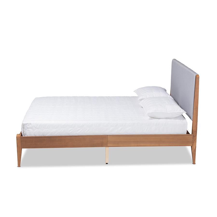 Baxton Studio Lenora Mid-Century Modern Grey Fabric Upholstered and Walnut Brown Finished Wood King Size Platform Bed | Beds | Modishstore - 3
