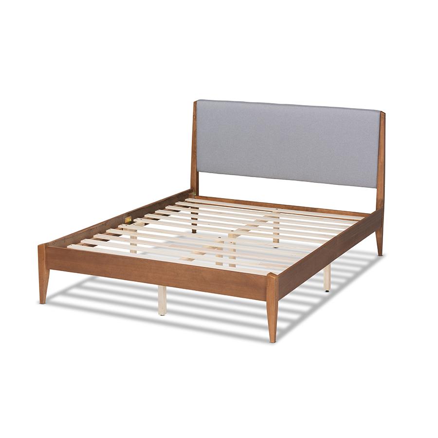 Baxton Studio Lenora Mid-Century Modern Grey Fabric Upholstered and Walnut Brown Finished Wood King Size Platform Bed | Beds | Modishstore - 4