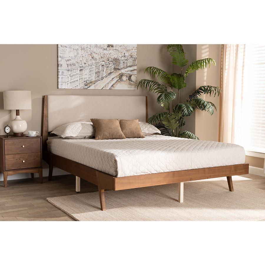 Baxton Studio Senna Mid-Century Modern Beige Fabric Upholstered and Walnut Brown Finished Wood Queen Size Platform Bed | Beds | Modishstore - 2
