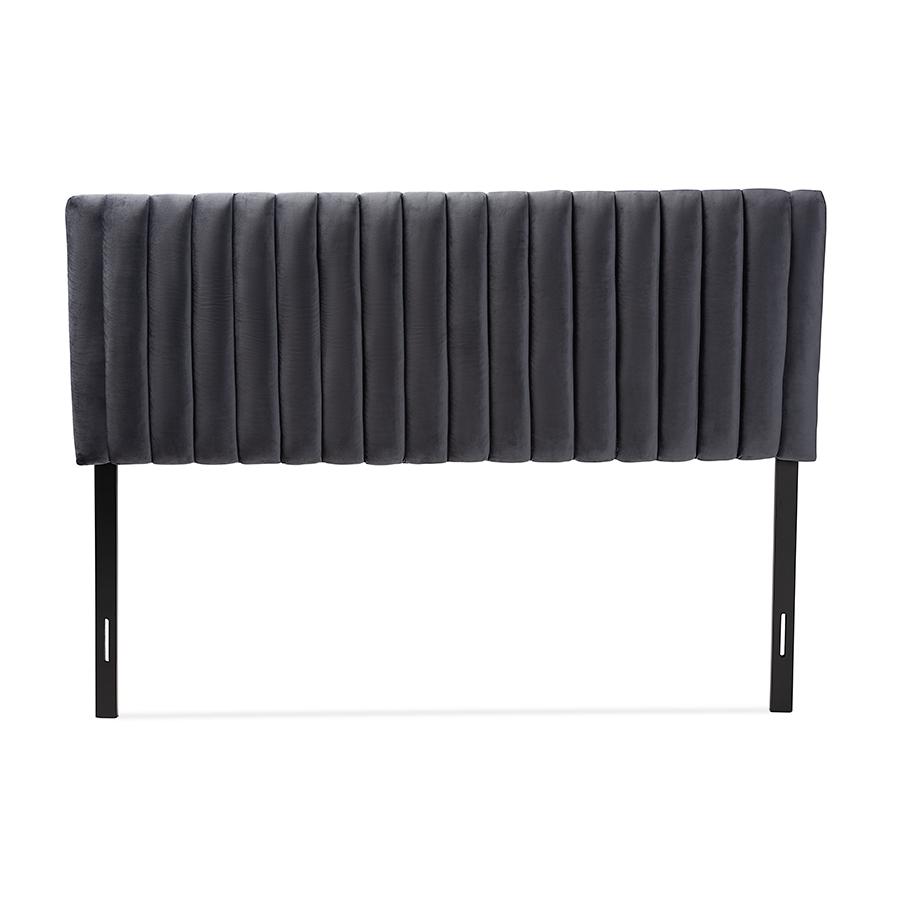 Baxton Studio Emile Modern and Contemporary Grey Velvet Fabric Upholstered and Dark Brown Finished Wood King Size Headboard | Headboards | Modishstore - 3