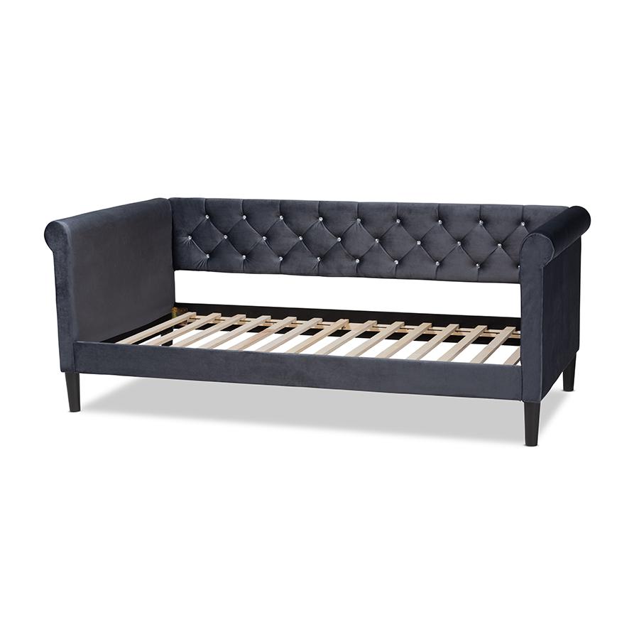 Baxton Studio Cora Modern and Contemporary Grey Velvet Fabric Upholstered and Dark Brown Finished Wood Full Size Daybed | Daybeds | Modishstore - 4