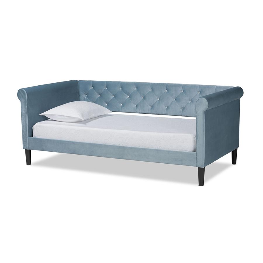 Baxton Studio Cora Modern and Contemporary Light Blue Velvet Fabric Upholstered and Dark Brown Finished Wood Full Size Daybed | Daybeds | Modishstore