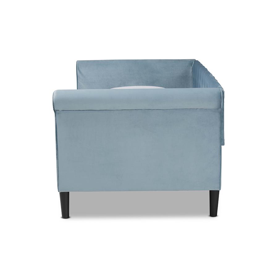 Baxton Studio Cora Modern and Contemporary Light Blue Velvet Fabric Upholstered and Dark Brown Finished Wood Full Size Daybed | Daybeds | Modishstore - 3