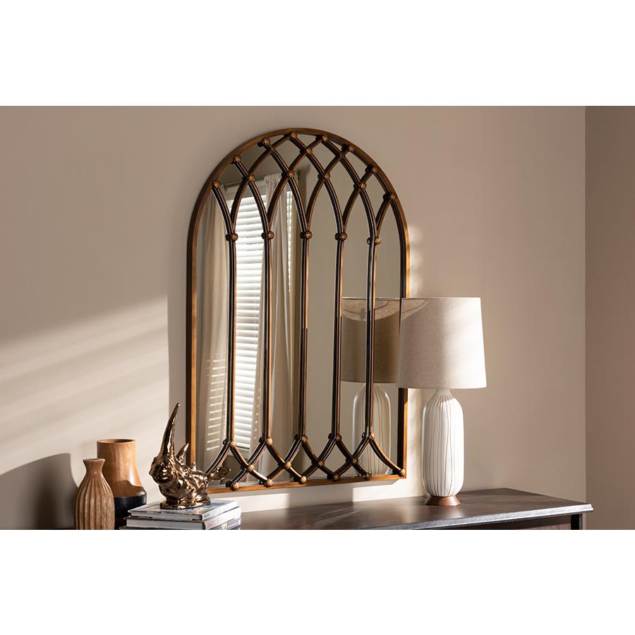 Baxton Studio Freja Vintage Farmhouse Antique Bronze Finished Arched Window Accent Wall Mirror | Mirrors | Modishstore - 3